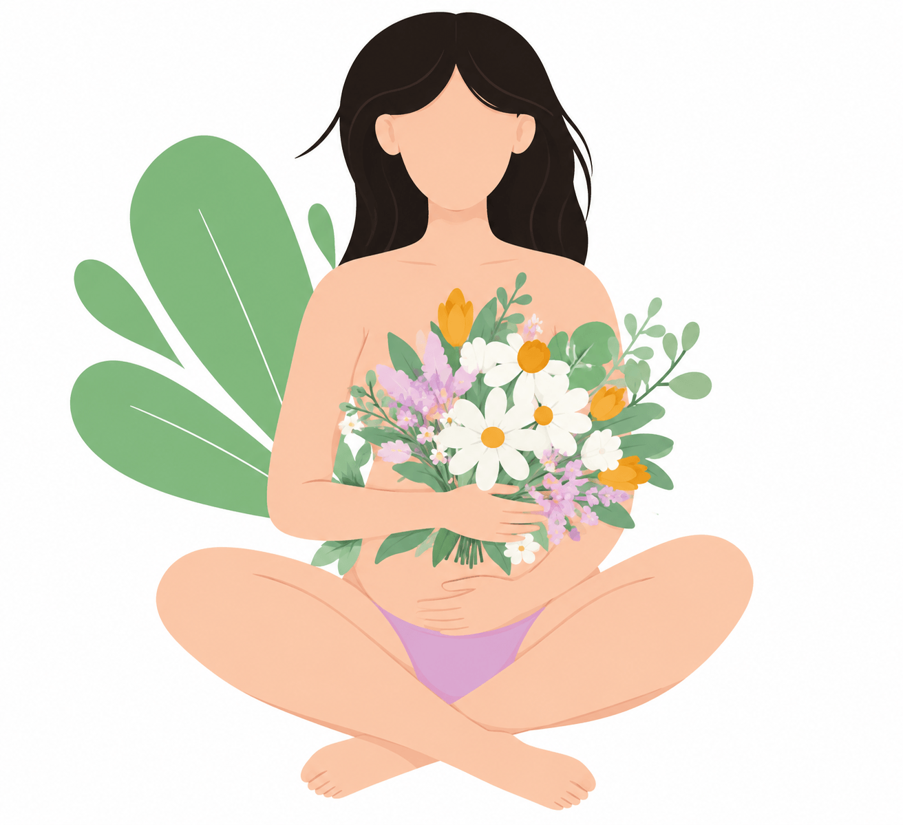 Ilustración de una mujer embarazada con un ramo de flores